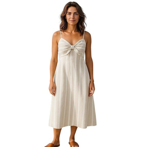 Ted Baker Daceyy Jumpsuit Beige Women's 0/US 2 Linen Striped Crop Wide Leg Bow - Picture 2 of 5